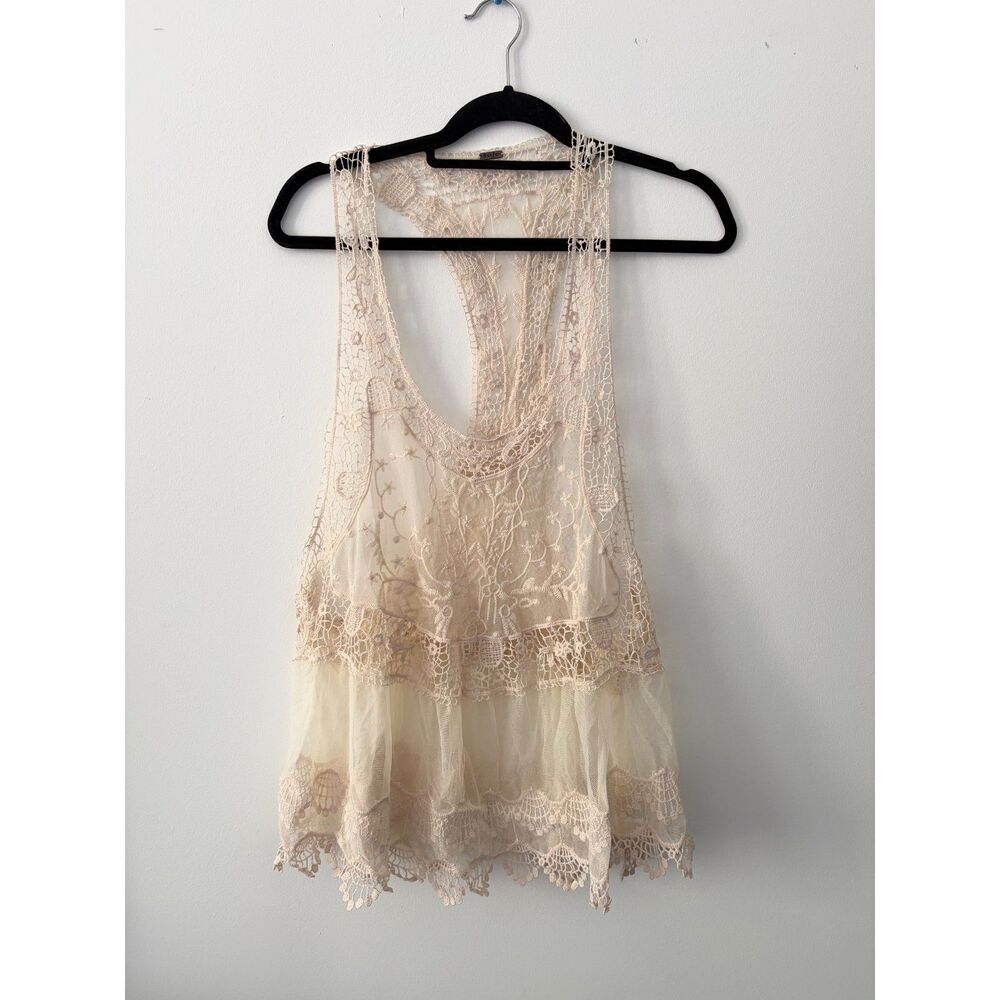 Women's Large Ivory Lace Crochet Tank Top Sheer Embroidered Boho Racerback